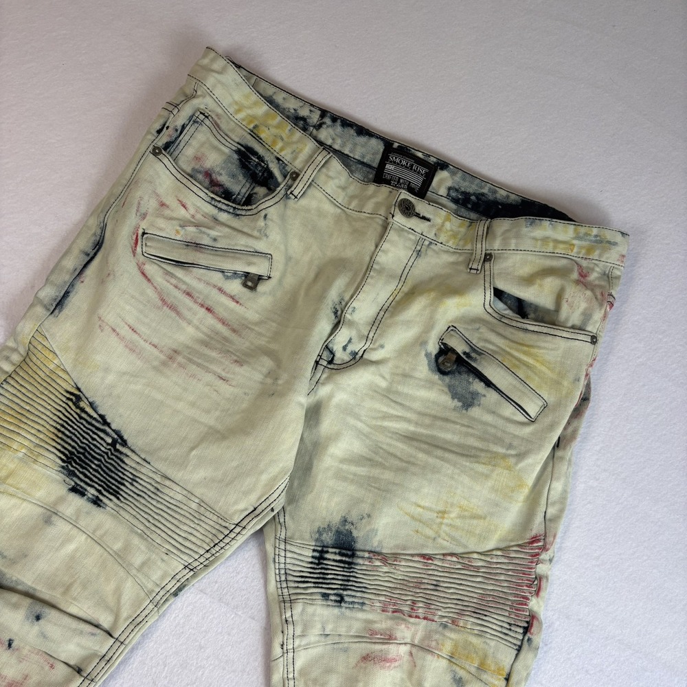 Smoke Rise Mens 40X32 Moto Biker Jeans Bleach Paint Splatter Ribbed Distressed